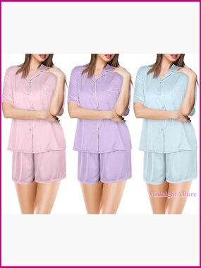 Silk Satin Pajama Set Short Sleeve Button Top Lounge Shorts 3-Piece